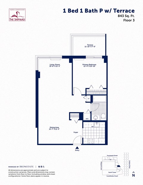 Floor plan for 1 bed, 1 bath, 843 sqft